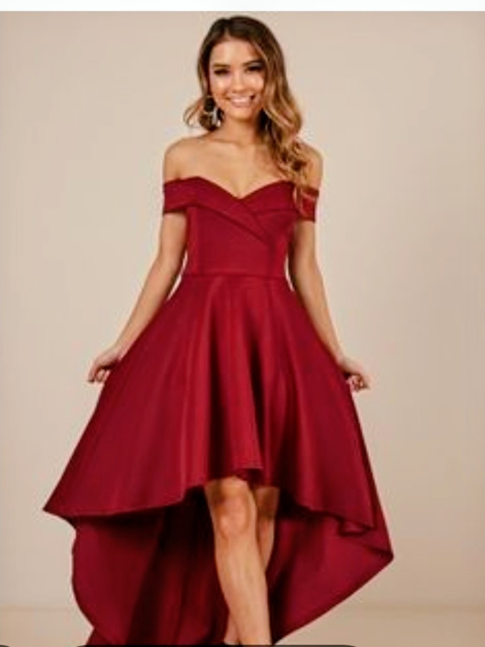 B. Smart Off-Shoulder Crimson High-Low Dress